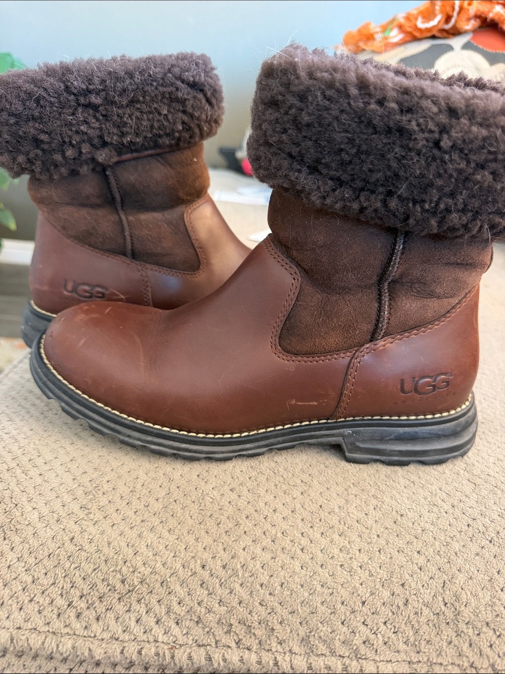 UGG Brown Leather Shearling Cuff Ankle Boot